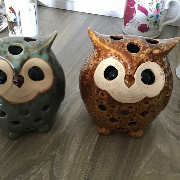 2 Owls Candle Holders Ceramic Brown & Green - Picture 1 of 4